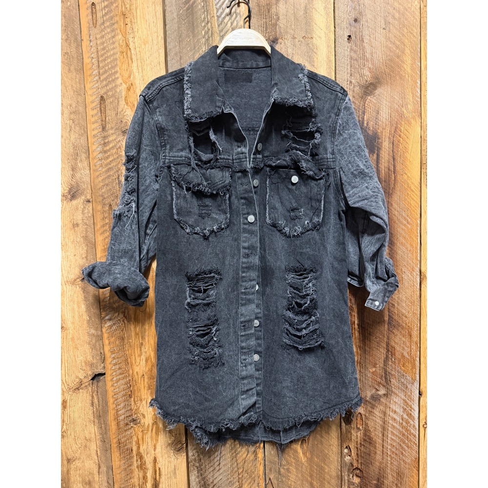 Black Distressed Denim Shacket Womens Oversized Longline Grunge Moto Goth Jacket